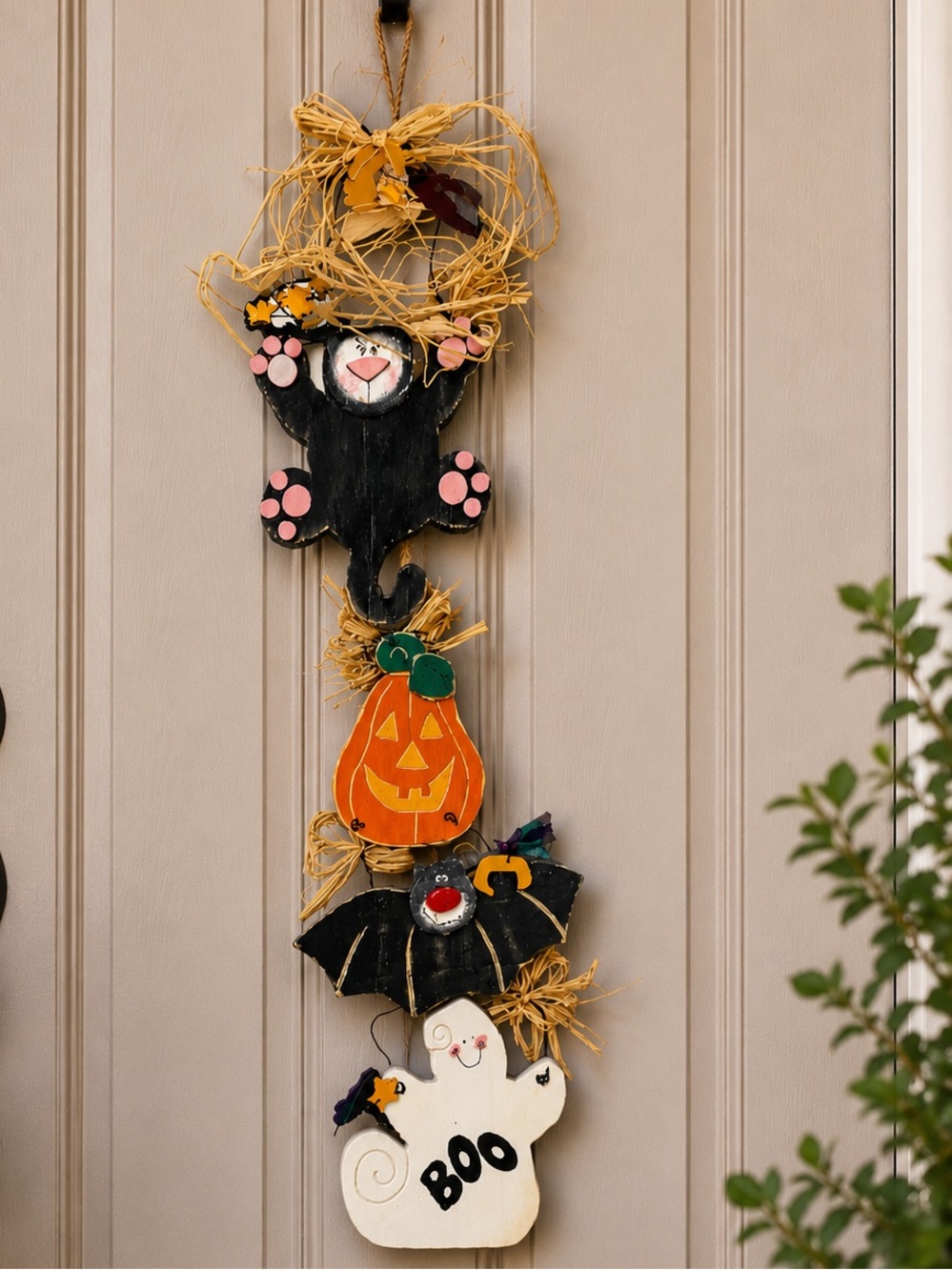 Vintage Halloween Wooden Door Hanger 21” Black Cat Ghost Pumpkin Boo Decor